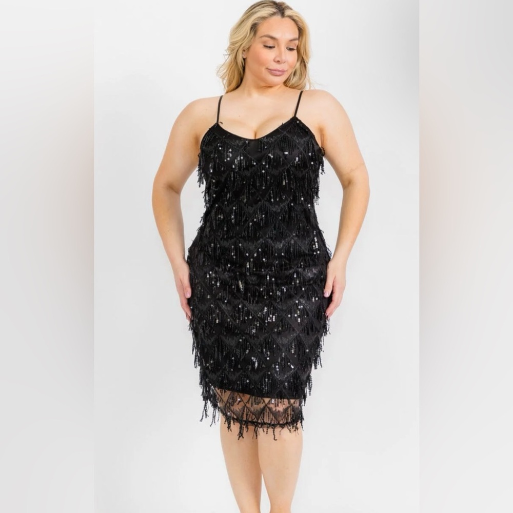 Sleeveless V-Neck Bodycon Fringe Sequin Midi Dress